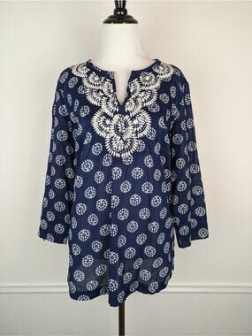 Talbots Top Embroidered Beaded Floral Boho Coastal Cotton Spring Summer Size M